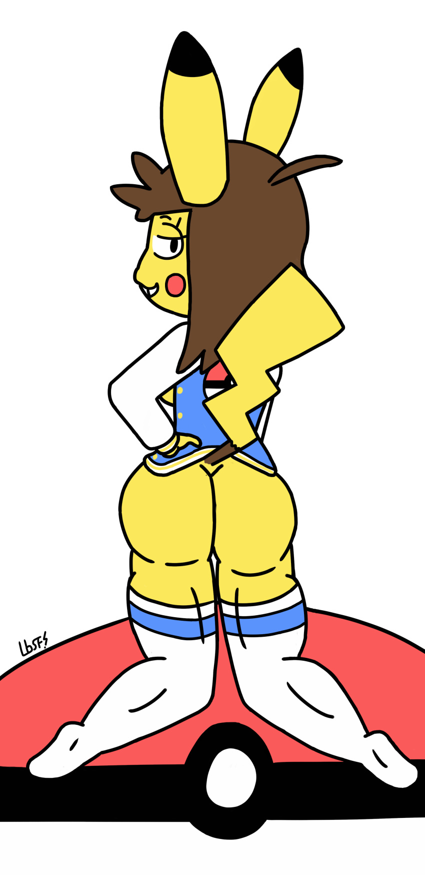 absurd_res anthro athletic breasts butt clothing female flat_colors hand_on_hip hi_res jacket kneeling lazerboisixtyfour legwear looking_at_viewer nintendo pikachu pok&eacute;mon pok&eacute;mon_(species) side_boob signature simple_background socks video_games