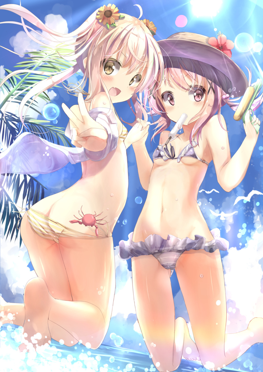 :d ahoge animal ass bangs barefoot bikini bird blue_sky blush breasts butt_crack cloud commentary_request day eyebrows_visible_through_hair fang flower food frilled_bikini frills from_behind front-tie_bikini front-tie_top hair_bobbles hair_flower hair_ornament hat hat_flower highres interlocked_fingers jumping lens_flare long_hair looking_at_viewer looking_back moe2018 mouth_hold multiple_girls na!?_(naxtuyasai) navel off_shoulder open_mouth original outdoors palm_tree pink_hair popsicle purple_bikini purple_eyes red_flower seagull shirt side-tie_bikini side-tie_bottom sky small_breasts smile soles striped striped_bikini sunlight swimsuit tareme tree twintails v water water_gun wet white_shirt x_hair_ornament yellow_bikini yellow_eyes
