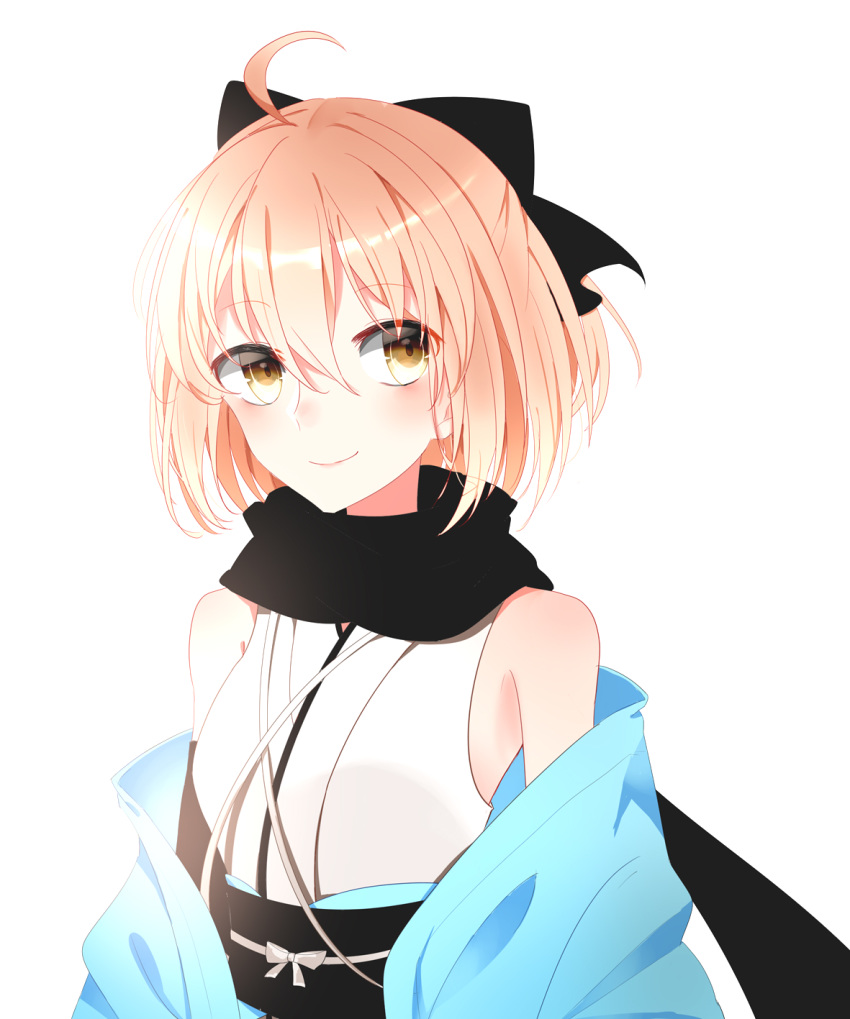 blonde_hair bluah dress fate/extra ribbon sakura_saber short_hair smile yellow_eyes