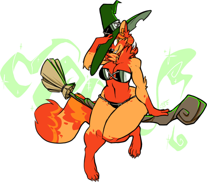 anthro bikini broom canine clothed clothing female hat jintonic magic mammal simple_background sitting smile solo swimsuit witch_hat