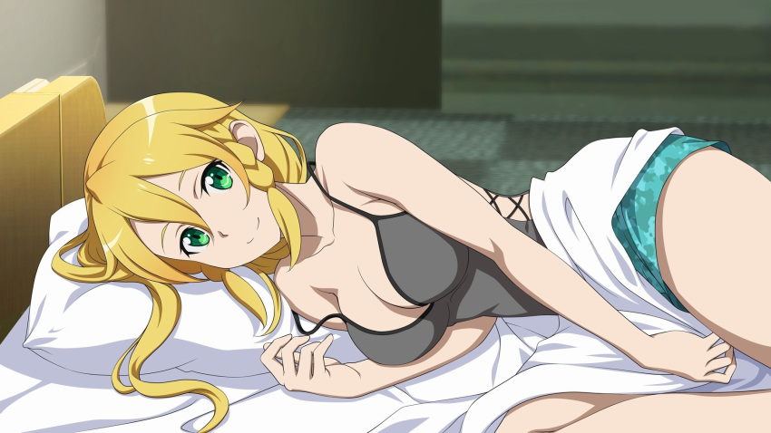 bed bedroom blonde_hair blue_shorts breasts cleavage from_side game_cg green_eyes grey_shirt hair_between_eyes highres indoors large_breasts leafa long_hair lying off_shoulder official_art on_side pillow shirt short_shorts shorts side_braids sideboob sidelocks sleeveless sleeveless_shirt smile solo sword_art_online sword_art_online:_fatal_bullet