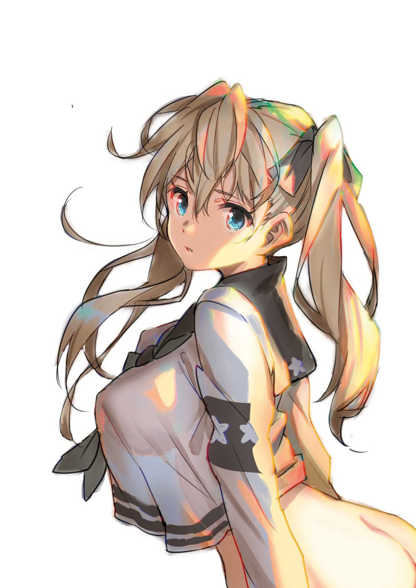 :o ass bangs blonde_hair blue_eyes bottomless breasts from_behind hair_between_eyes hair_ribbon highres large_breasts long_hair long_sleeves looking_at_viewer looking_back open_mouth original overhang ribbon sailor_collar saitou_masatsugu see-through simple_background solo twintails white_background