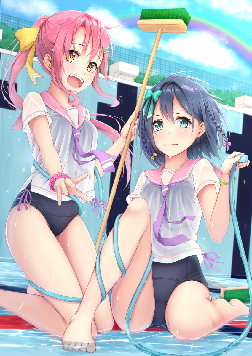 absurdres barefoot black_hair black_swimsuit bow braid broom cleaning_brush day empty_pool eyebrows_visible_through_hair floating_hair green_eyes hair_between_eyes hair_bow hair_ornament hairclip highres holding holding_broom kneeling long_hair looking_at_viewer multiple_girls neckerchief ochiai_miyabi old_school_swimsuit one-piece_swimsuit open_mouth original outdoors pink_hair ponytail purple_neckwear purple_ribbon ribbon school_swimsuit see-through shirt short_hair short_sleeves sitting swimsuit swimsuit_under_clothes wet wet_clothes wet_shirt white_shirt yellow_bow yellow_eyes
