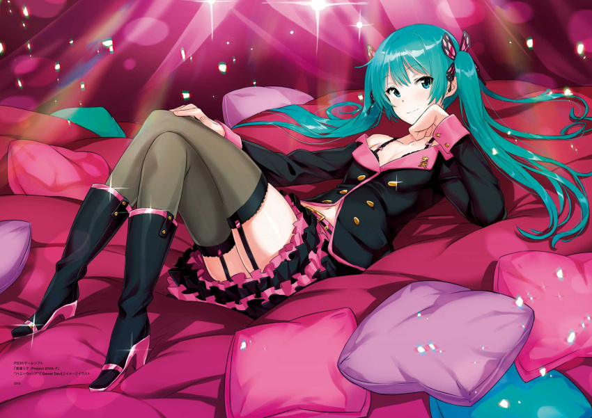 aqua_eyes aqua_hair bed_sheet belt belt_buckle black_footwear black_jacket black_skirt blush boots breasts brown_legwear buckle butterfly_hair_ornament cleavage closed_mouth collarbone crossed_legs eyebrows_visible_through_hair full_body garter_straps glint hair_ornament hand_up hatsune_miku high_heel_boots high_heels highres honey_whip_(module) jacket knee_boots layered_skirt long_hair long_sleeves looking_at_viewer lying navel on_back on_bed pillow project_diva_(series) saitou_masatsugu shiny shiny_hair skirt small_breasts smile solo sparkle sweet_devil_(vocaloid) tareme thighhighs twintails very_long_hair vocaloid