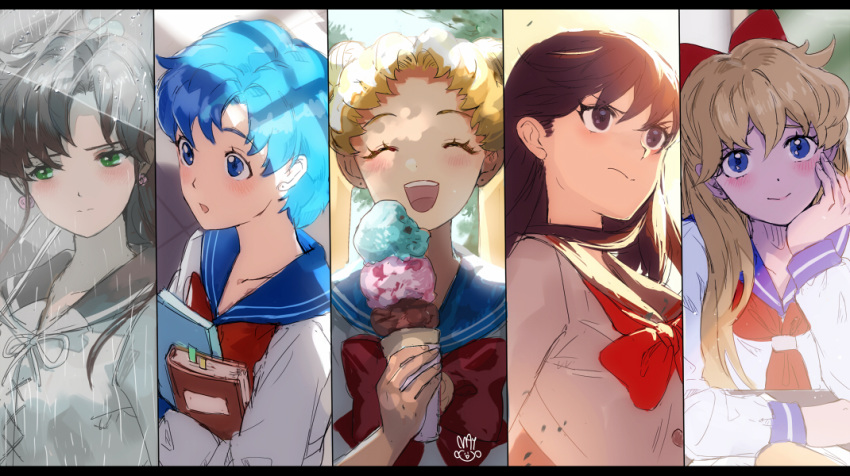 aino_minako bishoujo_senshi_sailor_moon black_hair blonde_hair blue_hair blush book brown_hair column_lineup food happy hino_rei holding holding_food ice_cream kino_makoto mayo_(becky2006) mizuno_ami multiple_girls open_mouth rain sad school_uniform see-through serafuku signature teeth triple_scoop tsukino_usagi umbrella