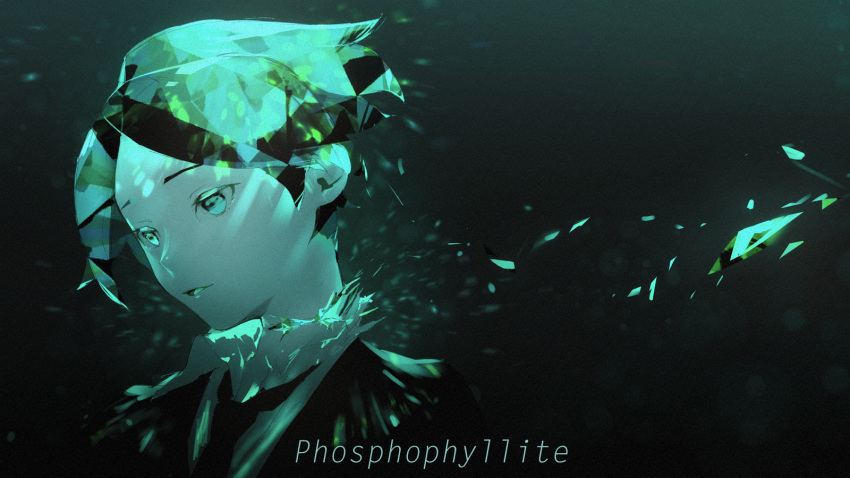 androgynous broken character_name crack green green_eyes green_hair highres houseki_no_kuni necktie phosphophyllite sawashi_(ur-sawasi) shards short_hair solo