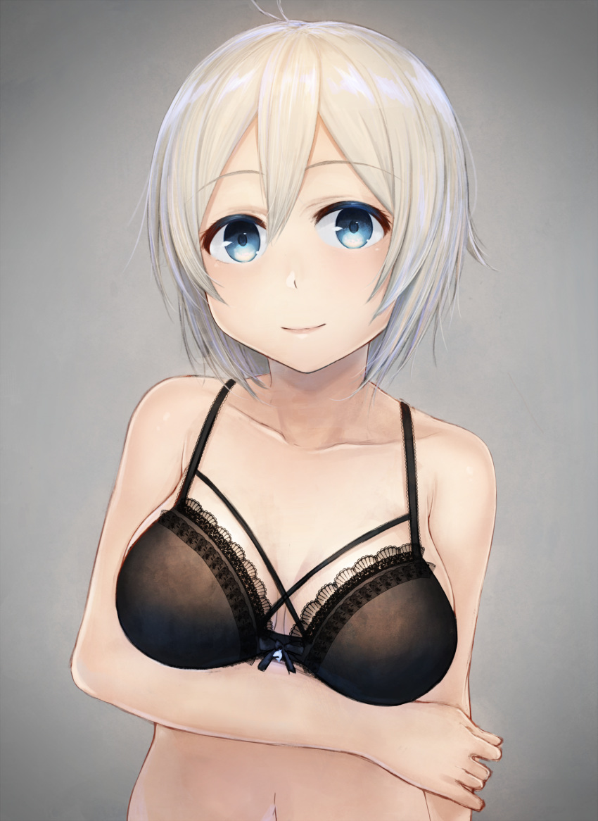 absurdres akky_(akimi1127) arm_under_breasts bangs bare_arms bare_shoulders black_bra blue_eyes blush bra breast_hold breasts cleavage closed_mouth collarbone commentary_request dennou_shoujo_youtuber_shiro eyebrows_visible_through_hair grey_background hair_between_eyes highres looking_at_viewer medium_breasts navel shiro_(dennou_shoujo_youtuber_shiro) silver_hair simple_background smile solo underwear underwear_only upper_body virtual_youtuber