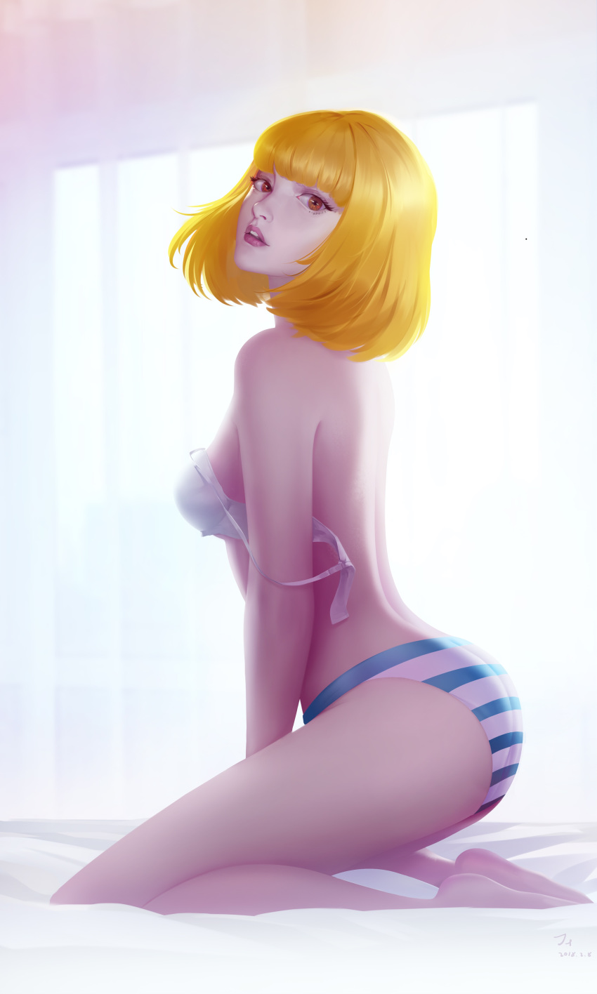 2018 absurdres artist_name ass back bangs bare_arms bare_back bare_legs bare_shoulders barefoot bed bed_sheet between_legs blonde_hair blunt_bangs bra breasts brown_eyes commentary_request curtains dated day from_side hand_between_legs highres indoors looking_at_viewer midorikawa_hana nose on_bed panties prison_school purple_lips seiza short_hair sitting sitting_on_bed small_breasts solo strap_slip striped striped_panties teeth underwear underwear_only untied_bra upper_teeth wan_shou_wu_jiang white_bra window