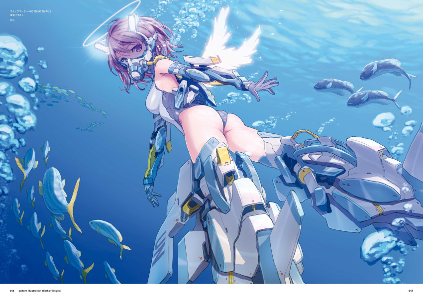 air_bubble armor armored_boots artist_name ass bad_id bad_yandere_id blue boots bubble copyright_name day feathered_wings fish hair_between_eyes halo highres leotard looking_at_viewer looking_back original outdoors page_number purple_eyes purple_hair saitou_masatsugu short_hair solo underwater vambraces white_wings wings