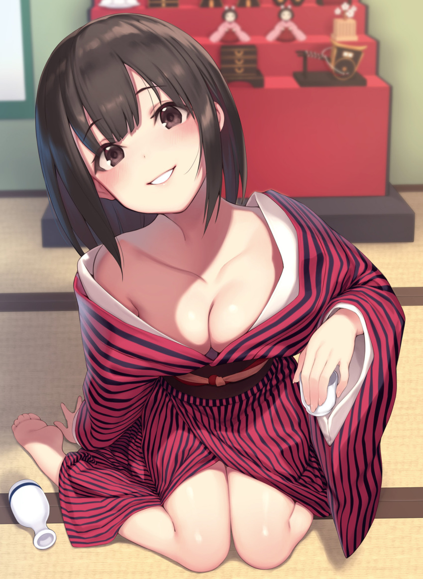 altar architecture arm_support bangs bare_legs bare_shoulders barefoot black_kimono blurry blush bottle breasts brown_eyes brown_hair chariot cleavage collarbone cup dengeki_moeou depth_of_field doll drinking_glass east_asian_architecture eyebrows_visible_through_hair head_tilt highres holding holding_cup indoors japanese_clothes kimono long_hair long_sleeves looking_at_viewer no_bra obi off_shoulder open_clothes open_kimono original pokachu red_kimono sake_bottle sash shrine sitting small_breasts smile solo striped striped_kimono teeth wariza wide_sleeves yukata