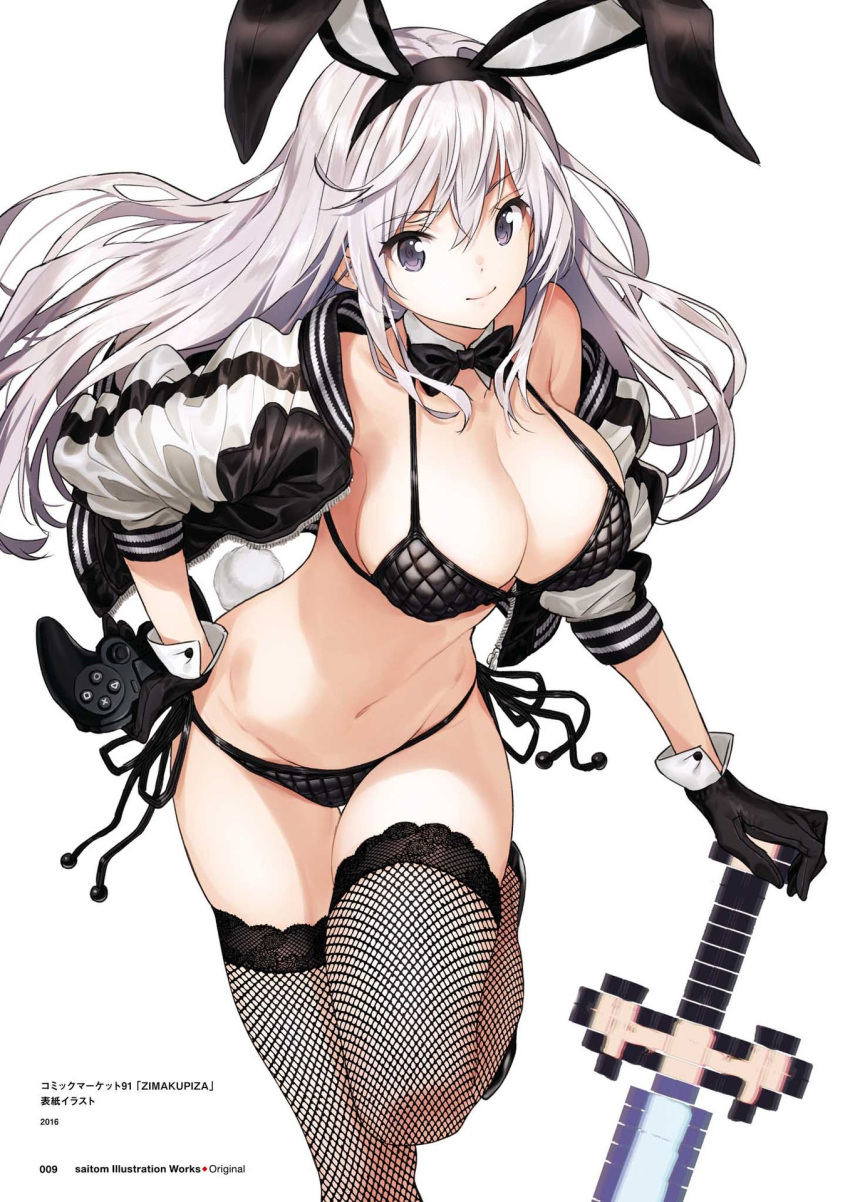 animal_ears bare_shoulders black_bow black_bra black_footwear black_gloves black_neckwear black_panties black_ribbon bow bowtie bra breasts bunny_ears bunny_tail cleavage closed_mouth controller detached_collar dualshock fake_animal_ears fishnet_legwear fishnets game_controller gamepad gloves hair_between_eyes hairband hand_on_hip highres jacket large_breasts leaning_forward leg_up long_hair long_sleeves looking_at_viewer navel open_clothes open_jacket original panties purple_eyes ribbon saitou_masatsugu shoes side-tie_panties sidelocks simple_background sleeves_pushed_up smile solo stomach sword tail underwear underwear_only unzipped wavy_hair weapon white_background white_hair zipper