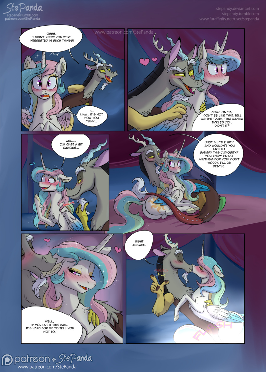 2018 antlers blush comic dialogue digital_media_(artwork) discord_(mlp) draconequus duo english_text equine feathered_wings feathers female feral friendship_is_magic hair hi_res hooves horn kissing long_hair male male/female mammal multicolored_hair multicolored_tail my_little_pony patreon princess_celestia_(mlp) stepandy text winged_unicorn wings yellow_sclera