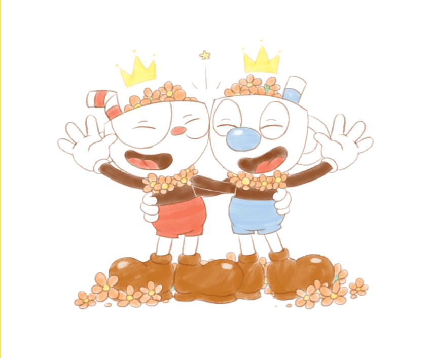 2018 animate_inanimate animated brothers clothing crown cuphead_(character) cuphead_(game) eyes_closed flower footwear gloves hug humanoid male mugman nokcha-matcha not_furry object_head open_mouth plant sibling simple_background video_games