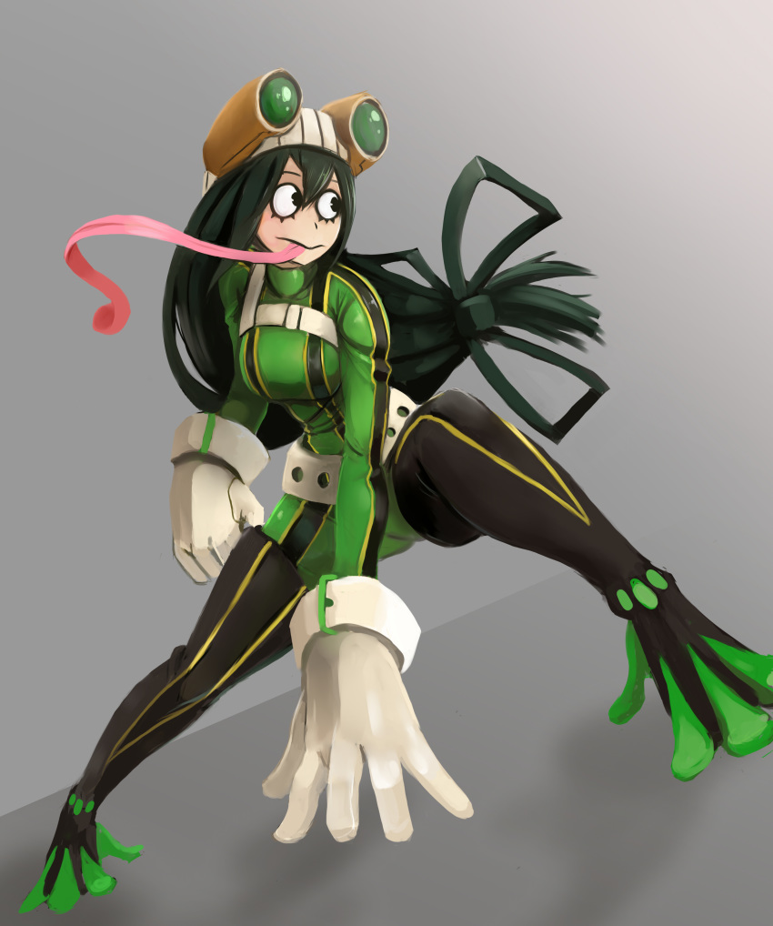 2016 amphibian animal_humanoid asui_tsuyu belt clothed clothing crouching eyewear female frog_humanoid gloves goggles goggles_on_head gradient_background green_hair hair hair_bow hair_ribbon humanoid long_tongue mothmandraws my_hero_academia not_furry ribbons simple_background solo tongue tongue_out