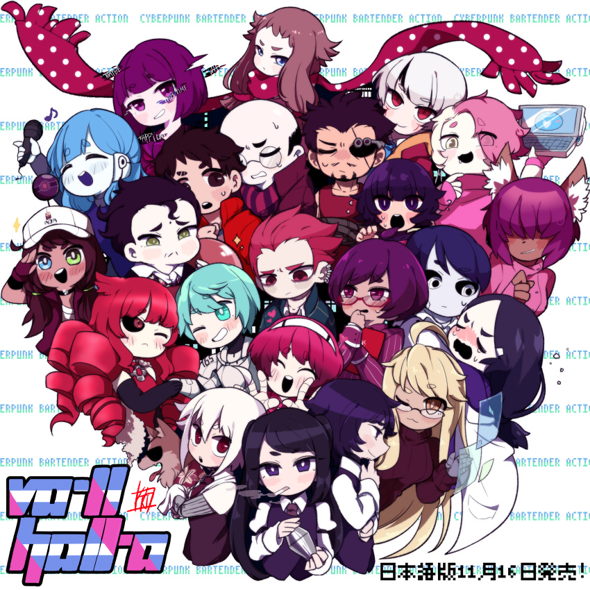 6+girls :3 :d absurdres ahoge alma_(va-11_hall-a) android animal_ears anna_graem annotated aqua_eyes aqua_hair art_vod_delay bald bangs baseball_cap betty_(va-11_hall-a) black_hair black_sclera blonde_hair blue_eyes blue_hair blunt_bangs blush brown_eyes brown_hair cat_ears chibi chin_grab choker cigarette closed_eyes cocktail_shaker commentary_request contest_winner copyright_name crying cybernetic_eye cyberpunk dana_zane dark_skin deal_(va-11_hall-a) dorothy_(va-11_hall-a) drill_hair everyone eyepatch frown gabriella gillian_(va-11_hall-a) glasses green_eyes hairband hat heterochromia highres ign_x_va-11_hall-a_contest ingram_mcdougal jamie_(va-11_hall-a) julianne_stingray kimberly_la_valette kira_miki lexi_rivers long_hair looking_at_viewer mario_(va-11_hall-a) mechanical_arm merenge_doll microphone multiple_boys multiple_girls nicole_chen norma open_mouth partial_commentary polka_dot polka_dot_scarf pout profile purple_eyes purple_hair rad_shiba red-framed_eyewear red_eyes red_hair robot_joints scarf sei_(va-11_hall-a) short_hair sidelocks smile smoking stella_hoshii streaming_tears tears va-11_hall-a very_long_hair virgilio_armandio white_hair