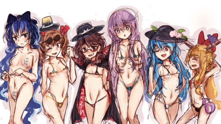 alternate_costume bangs bare_shoulders black_hat blue_eyes blue_hair blush bow breasts brown_hair cape clothes_writing commentary_request drill_hair food fruit glasses hair_between_eyes hair_bow hat hat_bow hat_ribbon hata_no_kokoro hinanawi_tenshi horn horn_ribbon horns ibuki_suika karua_m leaf long_hair looking_at_viewer low_twintails multiple_girls one_eye_closed oni open_mouth orange_hair peach red-framed_eyewear red_eyes ribbon short_hair simple_background sketch smile sunglasses swimsuit top_hat touhou twin_drills twintails underwear usami_sumireko white_bow yorigami_jo'on yorigami_shion