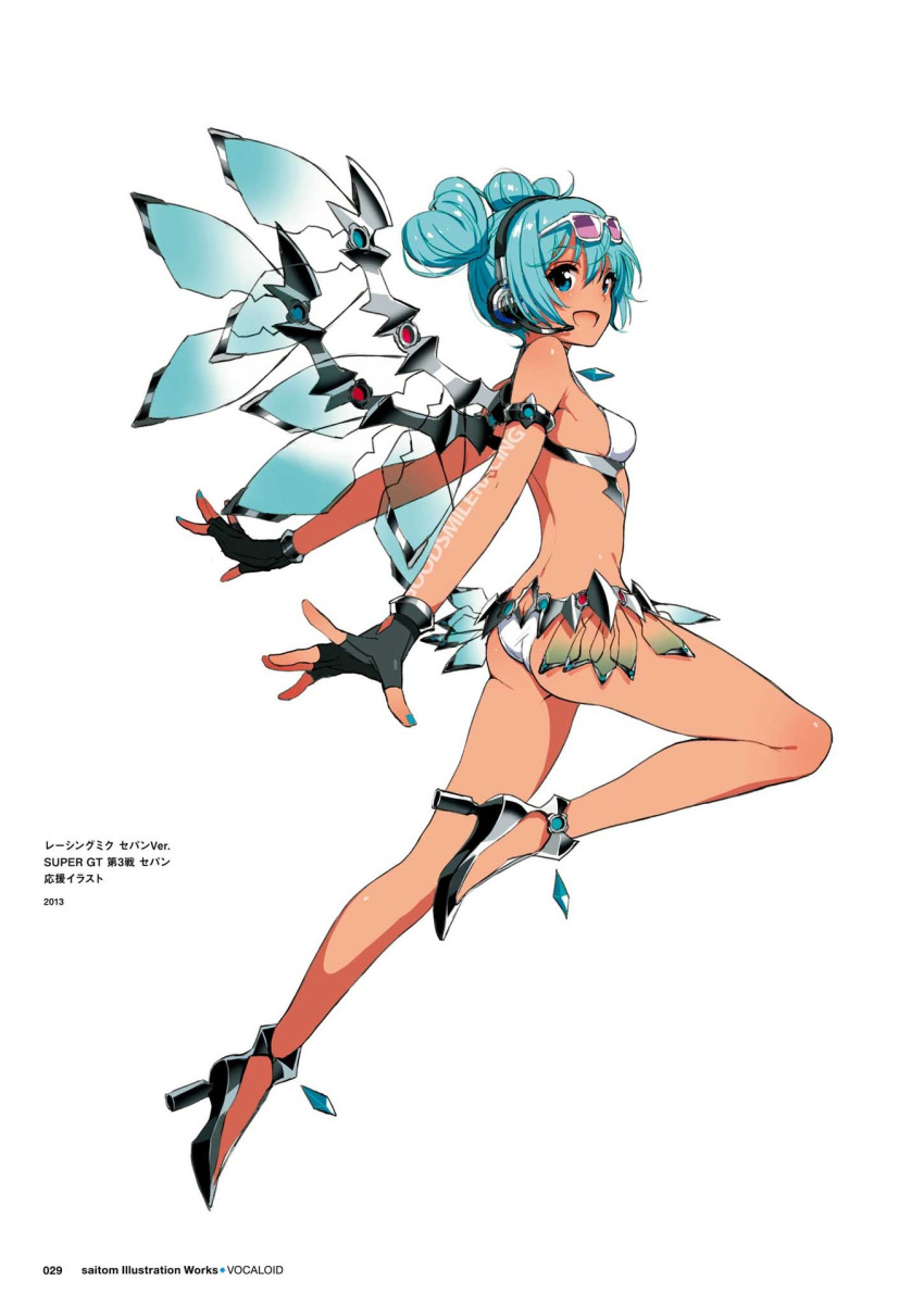 :d aqua_eyes aqua_hair ass bikini body_writing double_bun eyewear_on_head fingerless_gloves full_body gloves goodsmile_company goodsmile_racing hatsune_miku headphones headset high_heels highres long_hair looking_at_viewer mechanical_wings official_art open_mouth outstretched_arms race_queen racing_miku racing_miku_(2013) saitou_masatsugu shoes simple_background smile solo spread_arms sun_tattoo sunglasses swimsuit tan tanline transparent vocaloid white_background wings