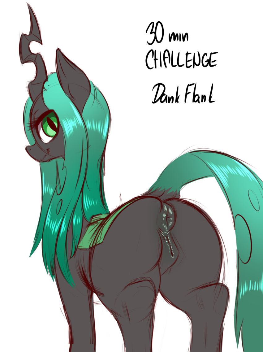 2018 animal_genitalia animal_pussy butt changeling dankflank equine_pussy female feral friendship_is_magic hair hi_res horn long_hair my_little_pony pussy queen_chrysalis_(mlp) simple_background solo white_background