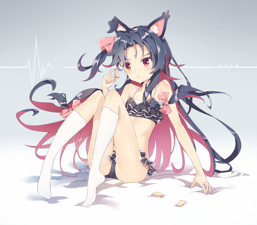 absurdres animal_ears arm_support bangs bed blue_hair breasts chess_piece commentary_request dated eyebrows_visible_through_hair full_body hair_ribbon highres holding kneehighs leaning_back long_hair looking_away multicolored_hair parted_bangs red_eyes ribbon ryuuou_no_oshigoto! shadow sidelocks simple_background sitting small_breasts solo swimsuit tress_ribbon two-tone_hair white_legwear yashajin_ai zipplin