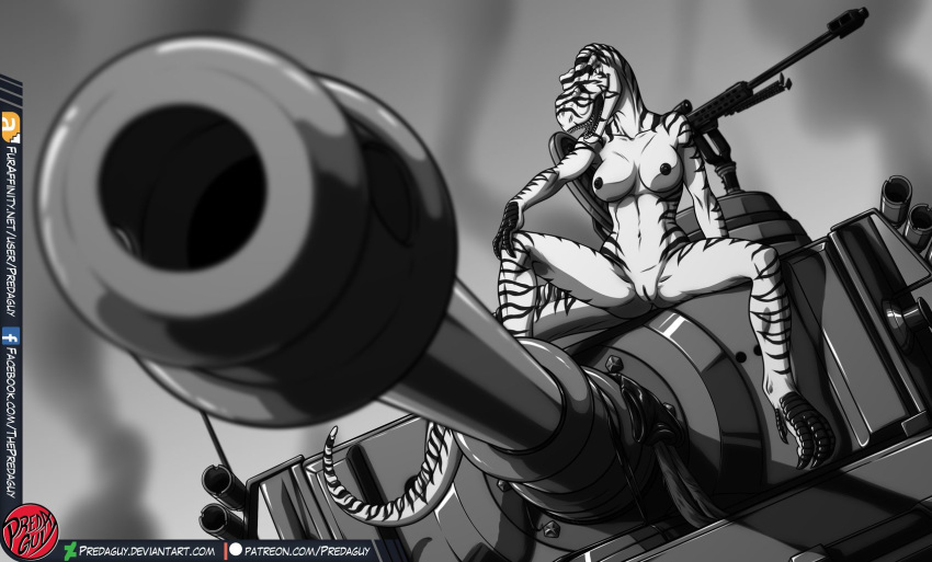 amora_the_t-rex anthro anthrosaur anthrosaurs black_and_white breasts claws depth_of_field digital_media_(artwork) dinosaur female gun monochrome non-mammal_breasts predaguy pussy ranged_weapon scalie sitting spread_legs spreading stripes tank tiger_tank vehicle weapon