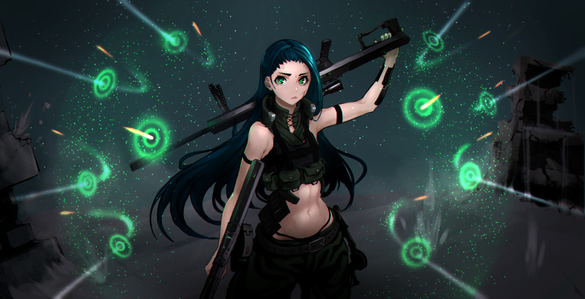 abs absurdres anti-materiel_rifle asagon007 bare_shoulders barrett_m82 blue_hair bullet collarbone crop_top cyborg dual_wielding force_field green_eyes gun highres holding long_hair looking_at_viewer midriff navel original panties rifle science_fiction sniper_rifle solo stomach tongue tongue_out underwear weapon