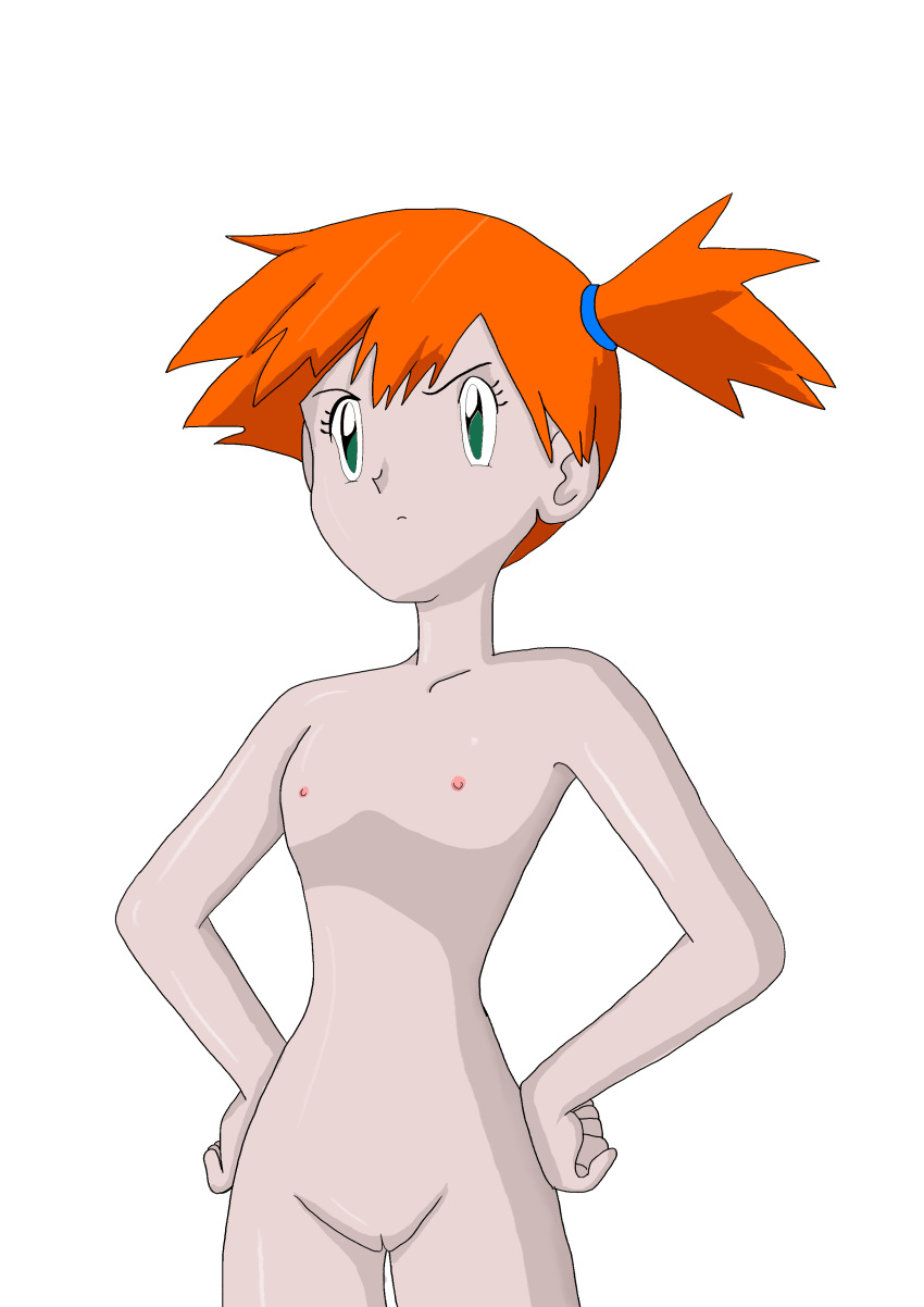 absurdres angry areolae cleft_of_venus flat_chest green_eyes grey_skin highres irritated kasumi_(pokemon) nipples nude pokemon pokemon_(anime) pokemon_(classic_anime) pussy solo third-party_edit uncensored white_background