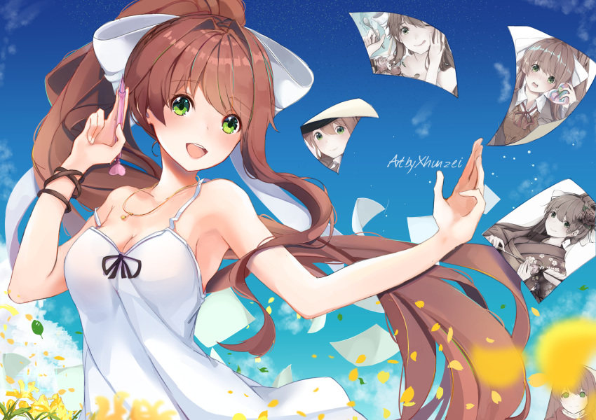 :d ;q arrow bare_arms bare_shoulders blank_eyes blue_sky blurry blurry_foreground blush bow box breasts brown_hair cherry cleavage day depth_of_field doki_doki_literature_club dress flower flying_paper food fruit gift gift_box green_eyes hair_bow hair_flower hair_ornament hamaya heart-shaped_box high_ponytail highres holding holding_gift holding_pen holding_spoon japanese_clothes jewelry kimono long_hair looking_at_viewer medium_breasts monika_(doki_doki_literature_club) necklace one_eye_closed open_mouth outdoors paper parfait pen pendant petals photo_(object) rose round_teeth school_uniform sky sleeveless sleeveless_dress smile solo spoon strap_slip sundress tareme teeth tongue tongue_out upper_teeth very_long_hair white_bow wind wing_collar wristband xhunzei yellow_flower