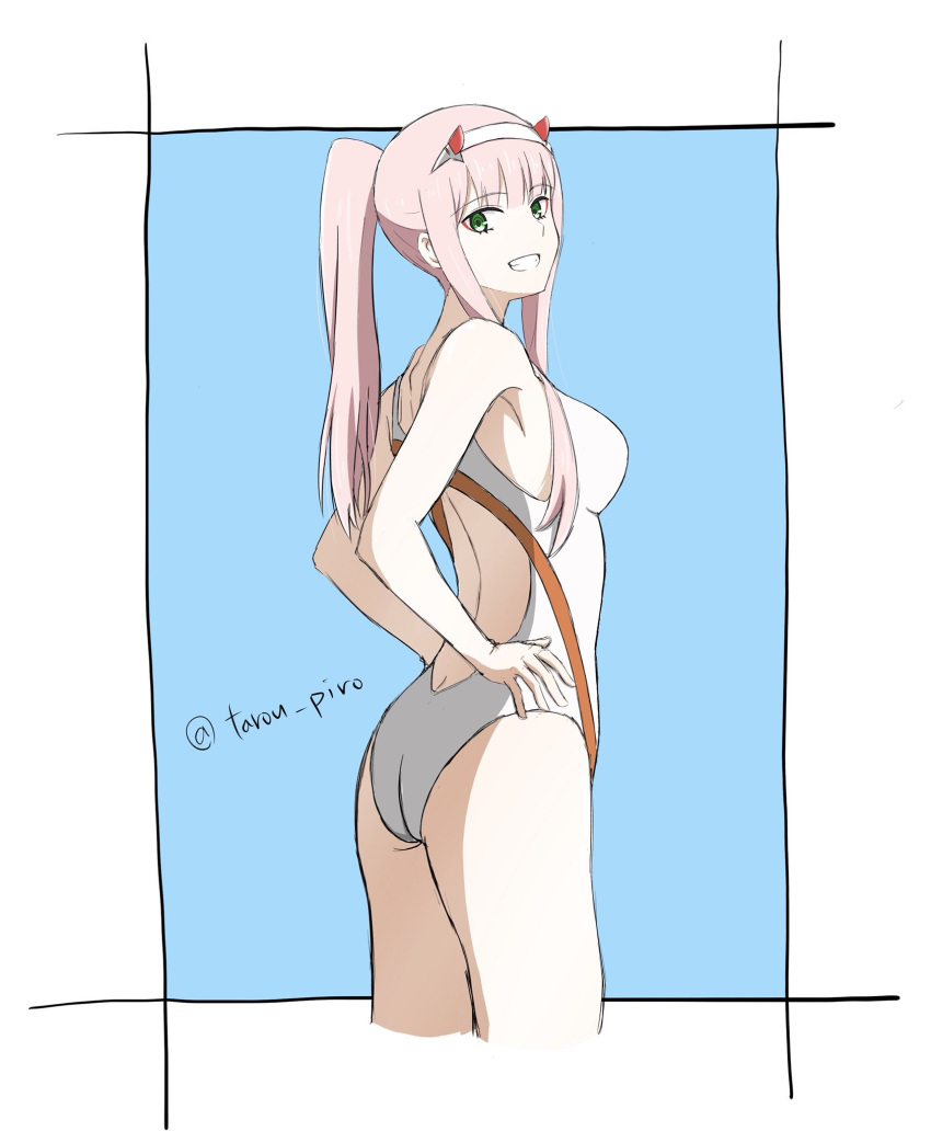 armpits ass breasts butt_crack competition_swimsuit darling_in_the_franxx flat_ass from_behind green_eyes hairband highres horns long_hair looking_at_viewer medium_breasts one-piece_swimsuit pink_hair ponytail sideboob signature smile solo swimsuit tarou_piro teeth twitter_username white_swimsuit zero_two_(darling_in_the_franxx)