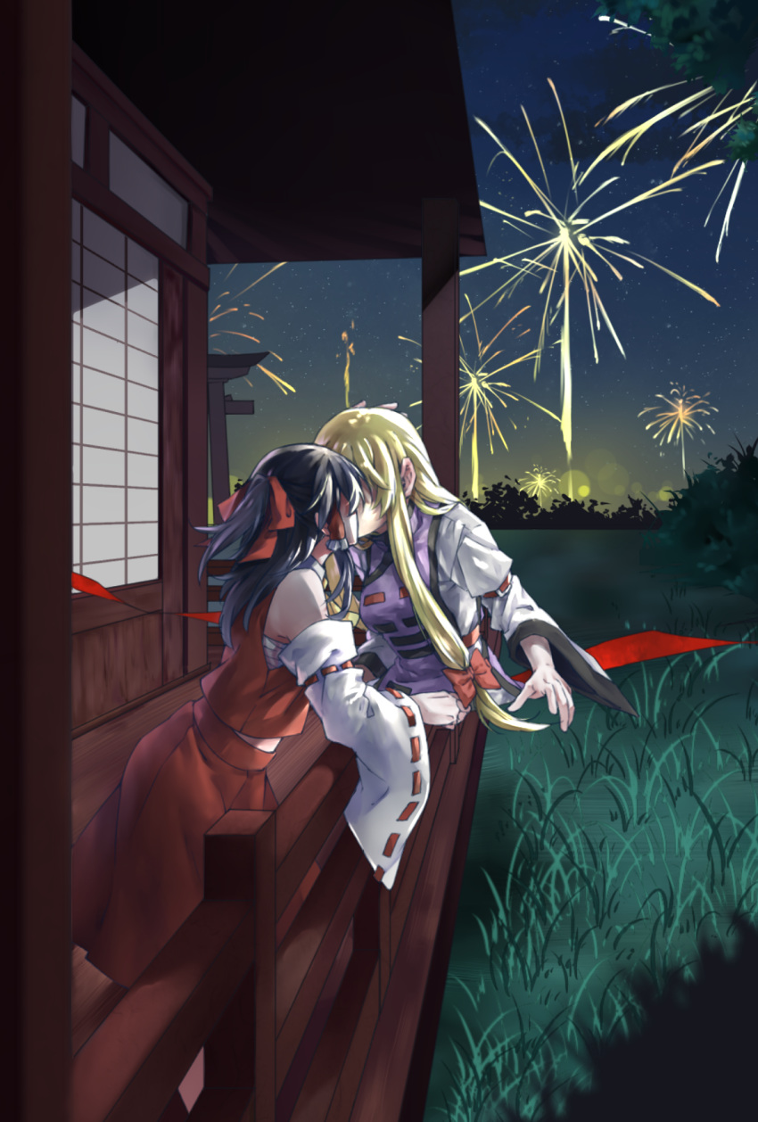 aerial_fireworks architecture arm_belt black_hair blonde_hair blush bow cropped_torso detached_sleeves dress ear_blush east_asian_architecture fireworks from_behind gap grass hair_bow hair_tubes hakurei_reimu highres implied_kiss leaning_forward lens_flare long_sleeves multiple_girls night outdoors ponytail railing red_skirt red_vest ribbon-trimmed_sleeves ribbon_trim sarashi shouzuo skirt sky star_(sky) starry_sky tabard torii touhou vest white_dress yakumo_yukari yuri