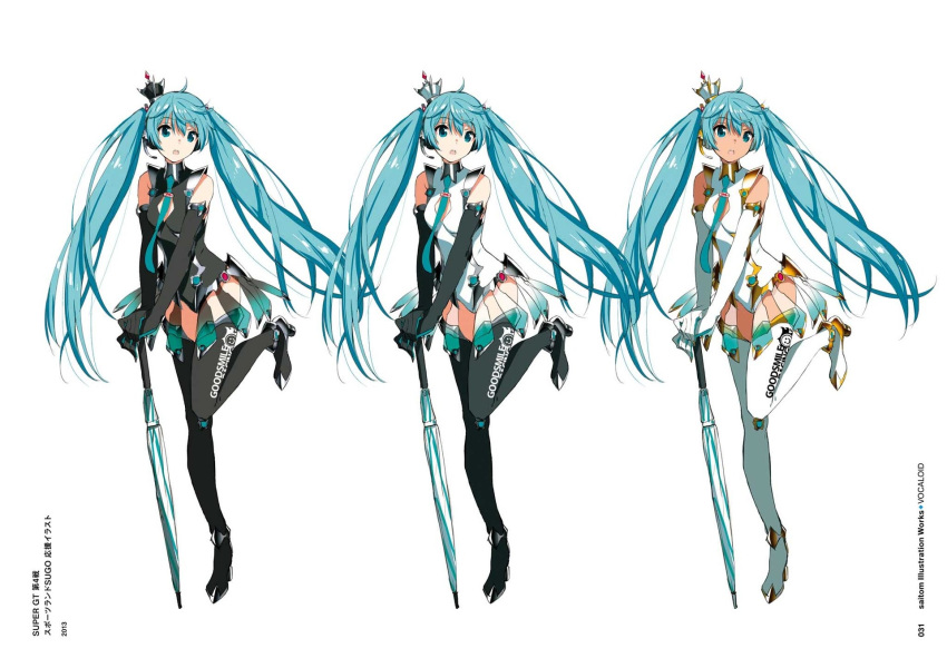alternate_color artist_name bangs bare_shoulders black_leotard blue_eyes boots breasts crown dark_skin elbow_gloves eyebrows_visible_through_hair full_body gloves goodsmile_company goodsmile_racing green_hair hatsune_miku headphones headset highres leg_up leotard logo long_hair looking_away medium_breasts mini_crown necktie non-web_source official_art page_number racing_miku racing_miku_(2013) saitou_masatsugu simple_background standing tan thigh_boots thighhighs twintails umbrella vocaloid white_background white_leotard