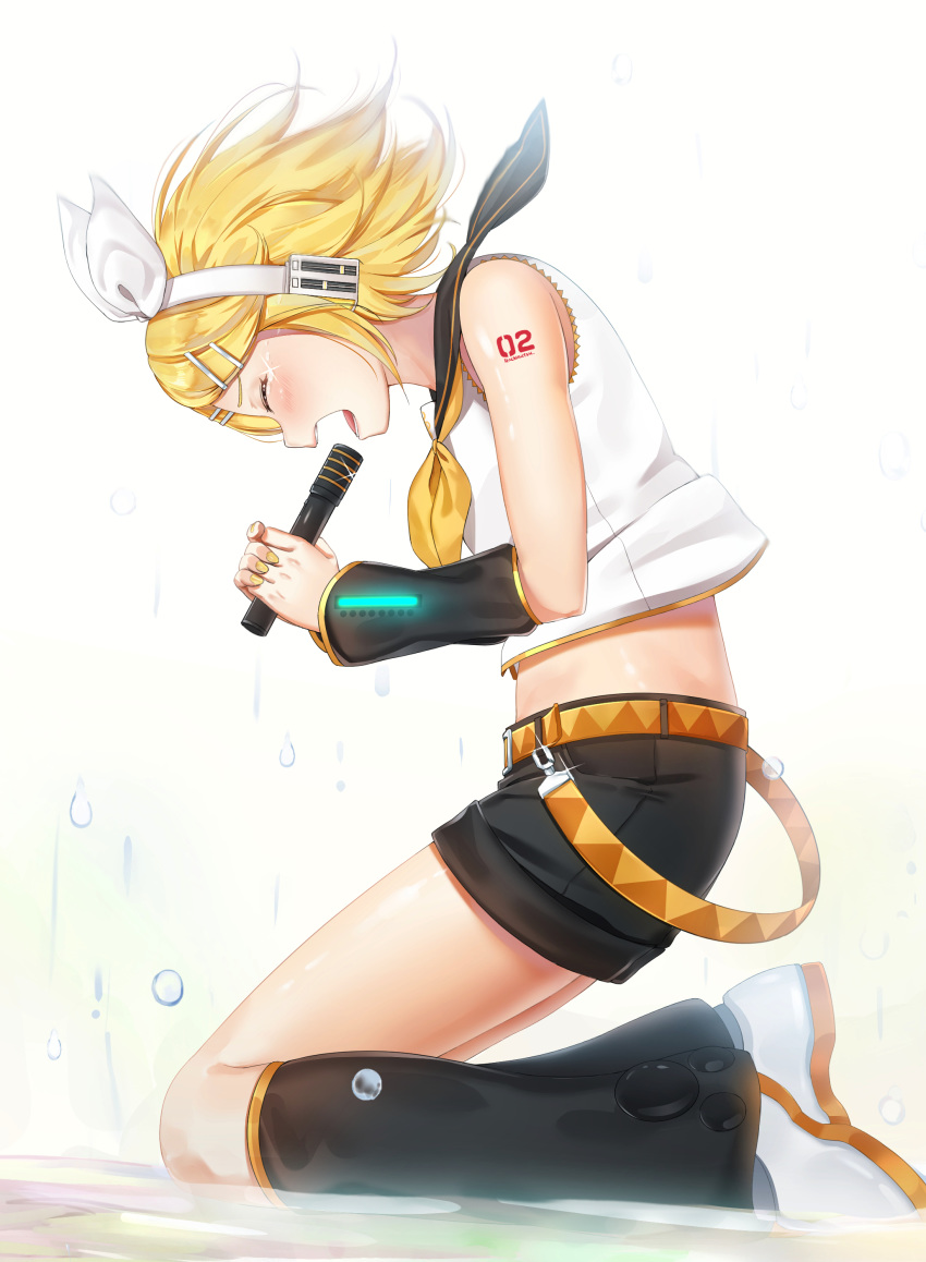 absurdres artist_name black_shorts blonde_hair blush boots closed_eyes crying crying_with_eyes_open detached_sleeves from_side full_body glint hachinatsu hair_ribbon headphones highres holding holding_microphone kagamine_rin knee_boots kneeling microphone music nail_polish number_tattoo open_mouth ribbon shirt short_hair short_sleeves shorts shoulder_tattoo simple_background singing sleeveless sleeveless_shirt solo tattoo tears vocaloid water_drop white_background white_ribbon white_shirt yellow_nails