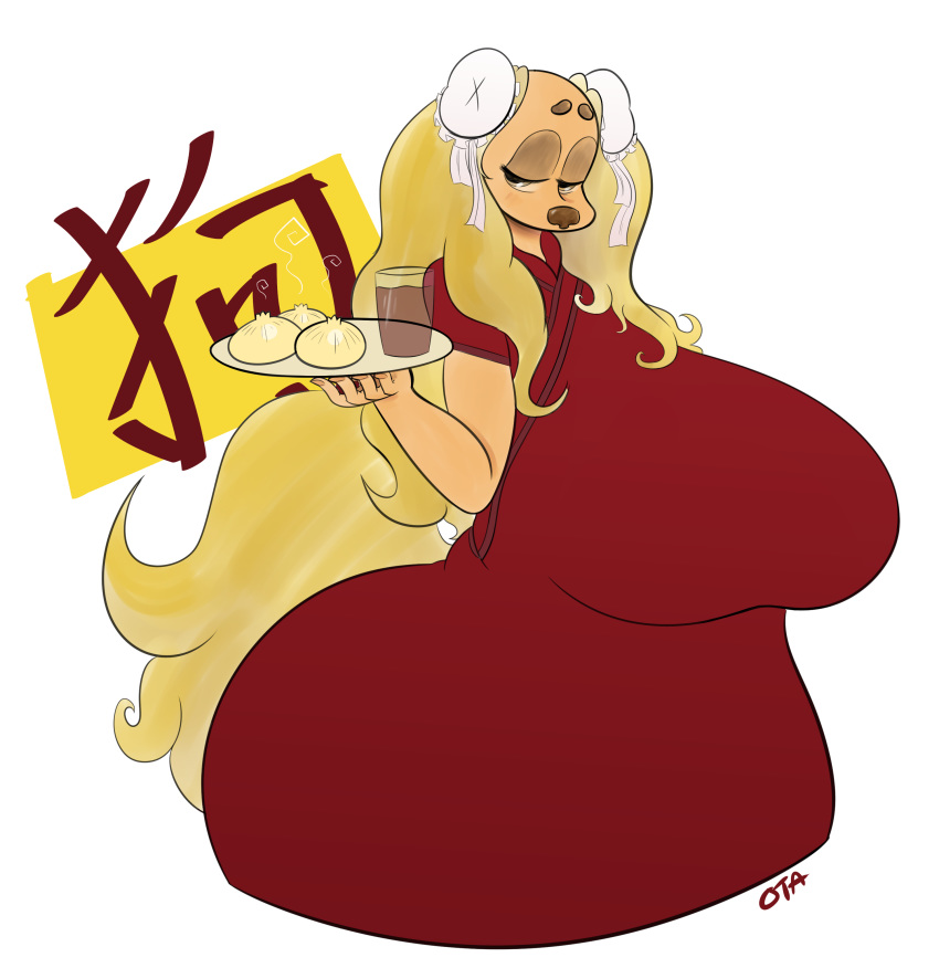 big_breasts big_butt big_thighs blush breasts buns butt canine chinese_clothing chinese_dress chinese_new_year clothing dog dogmom dress dumplings female food huge_breasts mammal mature_female ota_(artist) slightly_chubby