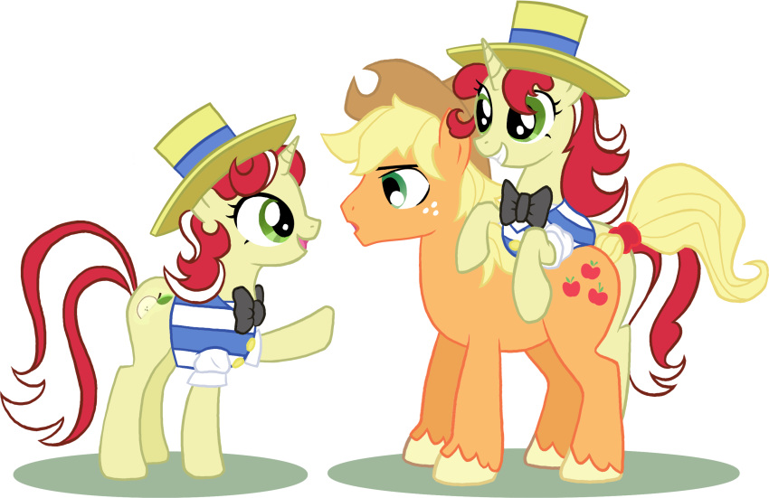 alpha_channel applejack_(mlp) arcane-angel bow_tie cowboy_hat crossgender cutie_mark earth_pony equine female feral flam_(mlp) flim_(mlp) flirting friendship_is_magic group hair hat horn horse male mammal my_little_pony pony red_hair simple_background transparent_background unicorn