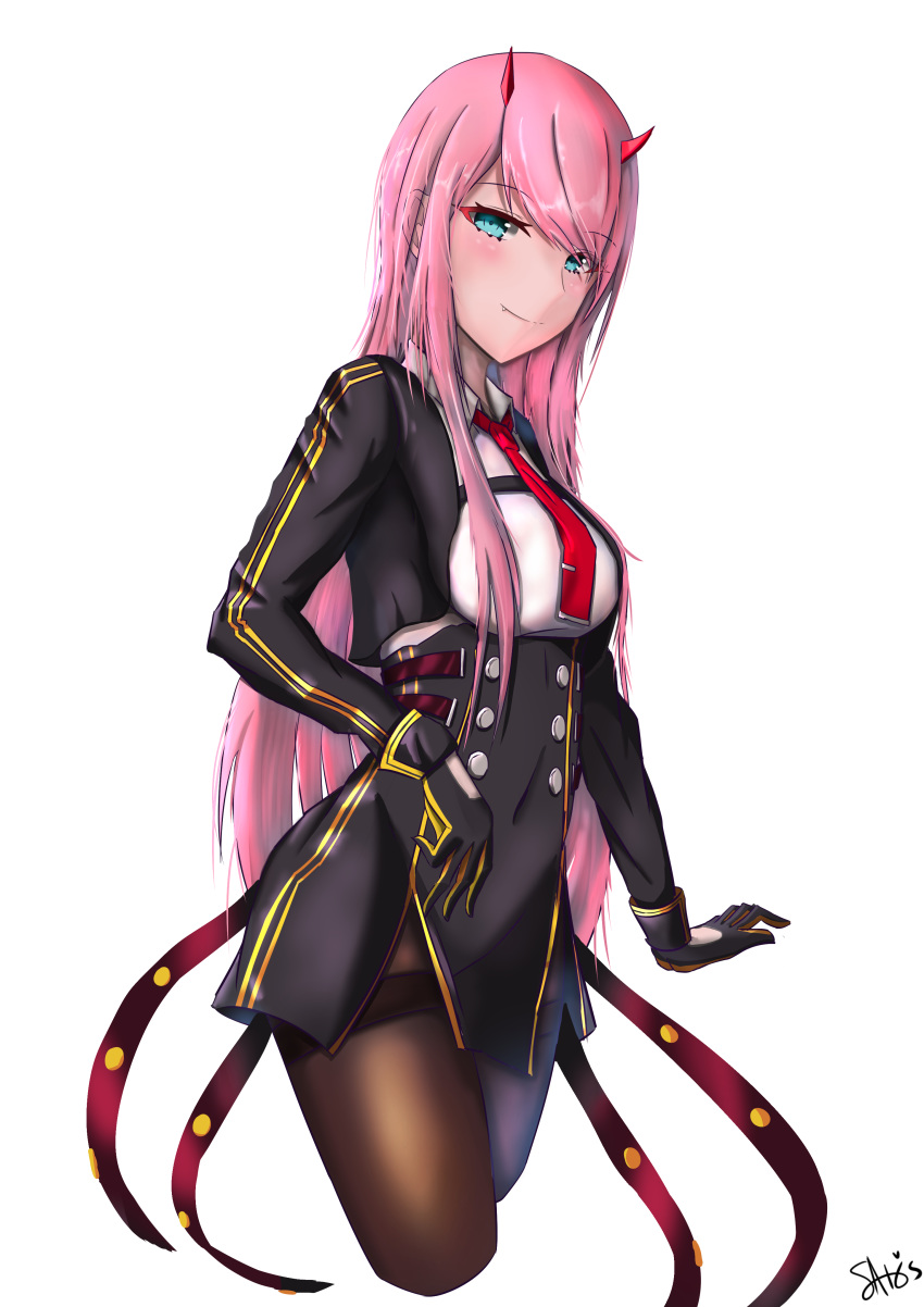 absurdres black_gloves breasts closed_mouth cosplay cropped_legs darling_in_the_franxx eyebrows_visible_through_hair girls_frontline gloves green_eyes grey_background highres horns ichikawayan large_breasts long_hair long_sleeves looking_at_viewer pantyhose pink_hair school_uniform seiyuu_connection shirt simple_background smile solo thighband_pantyhose tomatsu_haruka uniform wa2000_(girls_frontline) wa2000_(girls_frontline)_(cosplay) white_background white_shirt zero_two_(darling_in_the_franxx)