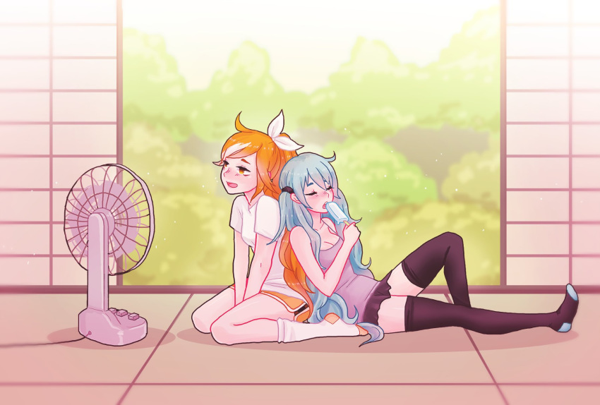 :o ahoge back-to-back bangs black_legwear black_skirt blue_hair blush bow breasts bush chestnut_mouth cleavage closed_eyes commentary crunchyroll day electric_fan fan fanning_face food from_side full_body grey_shirt hair_bow hatsune_miku highres hime_(crunchyroll) holding hot indoors leaning_on_person leg_up long_hair miniskirt multicolored_hair multiple_girls no_pupils no_shoes nose_blush open_mouth orange_hair orange_shorts popsicle round_teeth shari_cote shirt short_sleeves shorts skirt small_breasts socks streaked_hair summer sunlight teeth thighhighs twintails v_arms very_long_hair vocaloid white_bow white_legwear white_shirt zettai_ryouiki