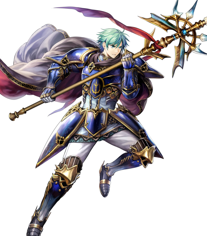 armor armored_boots bangs blue_armor blue_eyes boots cape elbow_pads ephraim fire_emblem fire_emblem:_seima_no_kouseki fire_emblem_heroes full_body gauntlets green_hair highres holding holding_weapon looking_away male_focus mayachise non-web_source official_art pants parted_lips polearm short_hair shoulder_armor shoulder_pads solo transparent_background weapon