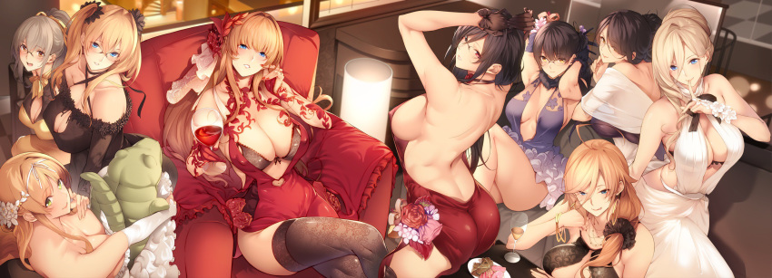 ahoge armpits ass bangle bare_back bare_shoulders black_hair blonde_hair blue_eyes blush bracelet breasts chair cleavage cleavage_cutout collarbone cup dress drinking_glass elbow_gloves finger_to_mouth flower glasses gloves green_eyes grey_hair grin hair_flower hair_ornament hair_over_one_eye highres jewelry lace lace-trimmed_thighhighs large_breasts licking_lips long_hair looking_at_viewer looking_back multiple_girls nail_polish nanao_(mahaya) navel navel_cutout open_mouth original ponytail red_eyes short_hair shushing sitting smile stuffed_animal stuffed_toy thighhighs tongue tongue_out twintails veil wine_glass yellow_eyes