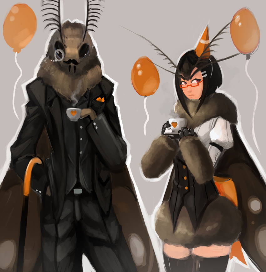 &lt;3 2016 animal_humanoid antennae anthro arthropod balloon belt cane claws clothed clothing cup duo eyewear facial_hair female glasses grey_background hairclip hand_in_pocket hat holding_cup holding_object humanoid insect insect_humanoid insect_wings legwear looking_at_viewer male monocle moth moth-chan moth_humanoid mothmandraws mustache neck_tuft party_hat red_eyes saucer simple_background standing steam suit tea_cup thigh_highs tuft waist_tuft wings wrist_tuft