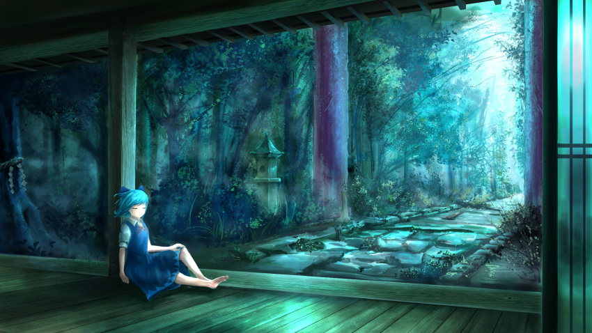 against_pillar barefoot blue_dress blue_hair bow cirno closed_eyes commentary dress forest hair_bow hand_on_own_knee highres knee_up nature nitefaint outdoors rope shide shimenawa short_hair short_sleeves solo stone_lantern stone_walkway touhou veranda wide_shot wooden_floor