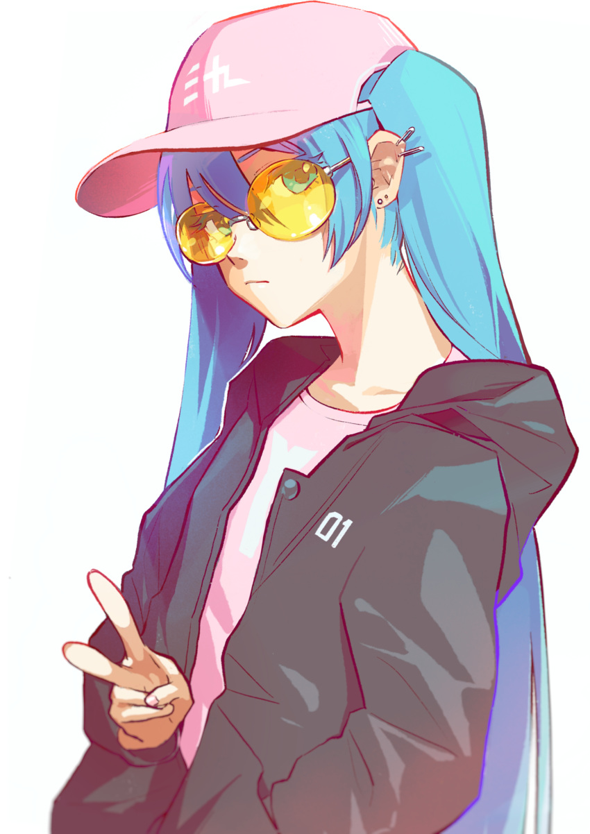 absurdres alternate_costume baseball_cap blue_eyes blue_hair closed_mouth collarbone ear_piercing eyebrows_visible_through_hair hand_in_pocket hat hatsune_miku highres hood hood_down hooded_jacket jacket long_hair long_sleeves looking_at_viewer open_clothes open_jacket piercing pine_(yellowpine112) pink_hat simple_background solo sunglasses tinted_eyewear twintails v very_long_hair vocaloid white_background yellow-tinted_eyewear