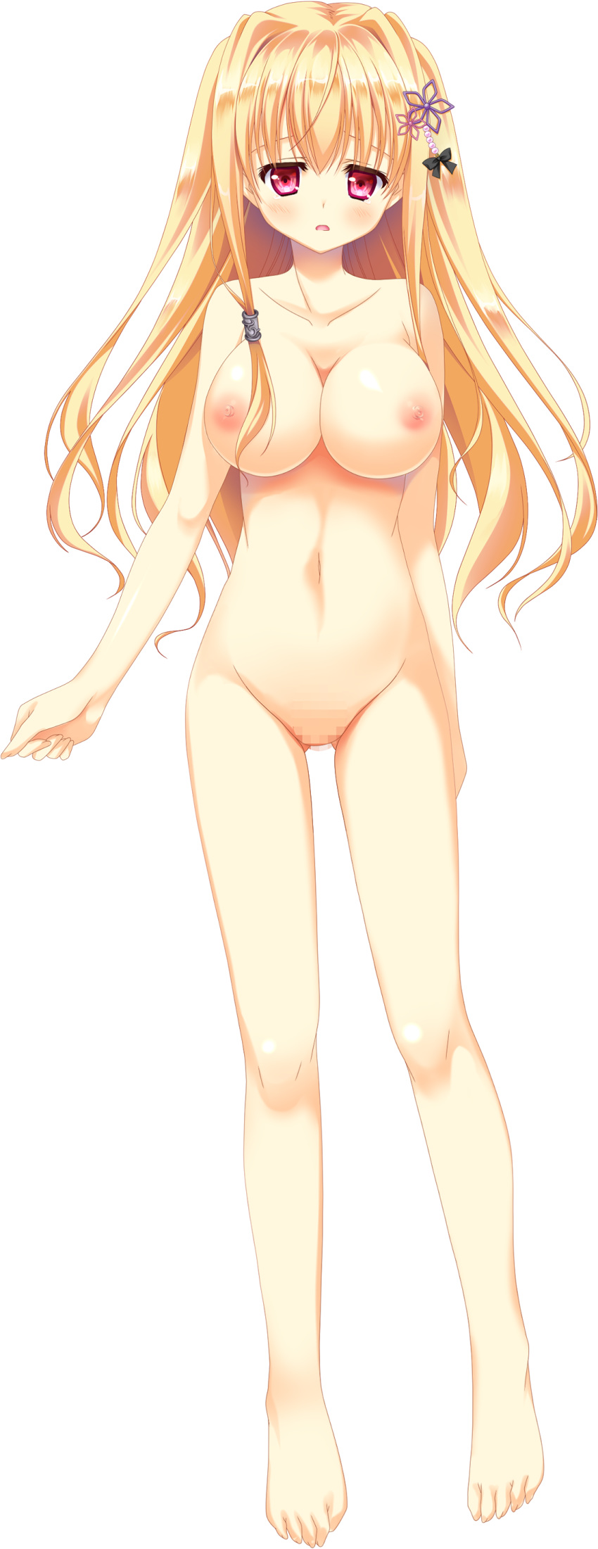 absurdres ass_visible_through_thighs barefoot blonde_hair breasts censored collarbone full_body hair_ornament highres kamishiro_kohaku large_breasts long_hair looking_at_viewer lost_echoes mosaic_censoring navel nipples non-web_source nude official_art pussy red_eyes solo tamiya_akito transparent_background