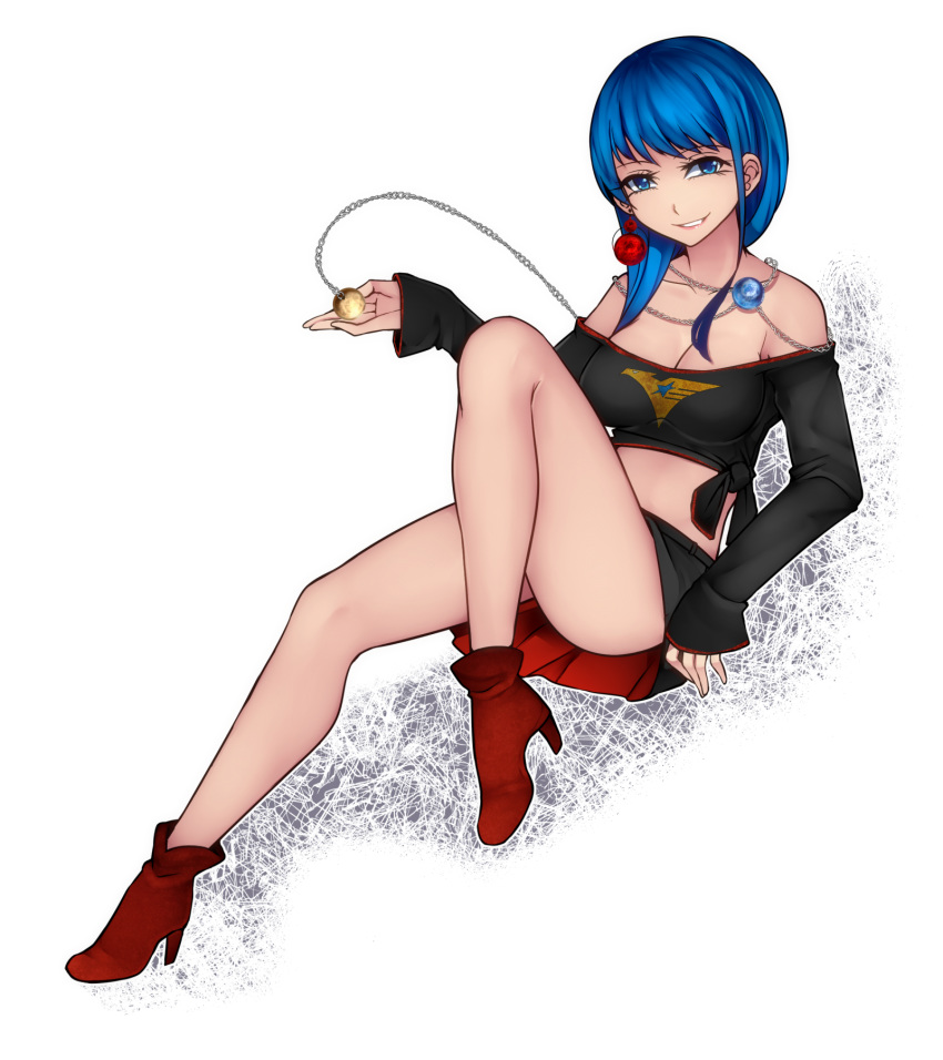 alternate_costume aoshima ass bare_legs bare_shoulders black_skirt blue_eyes blue_hair breasts chain cleavage collarbone commentary_request earth_(ornament) grin gundam hecatia_lapislazuli high_heels highres knee_up long_sleeves looking_at_viewer medium_breasts midriff miniskirt moon_(ornament) no_hat no_headwear off-shoulder_shirt off_shoulder red_footwear shirt simple_background sitting skirt smile solo tied_shirt touhou white_background zeta_gundam