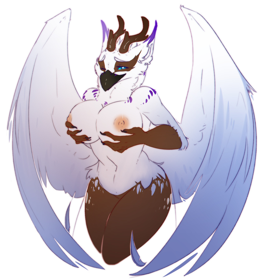 anthro antlers avian beak big_breasts bird breasts eagle feathered_wings feathers featureless_crotch female holding_breast horn looking_at_viewer nude one_eye_closed solo thick_thighs trinanya wide_hips wings wink