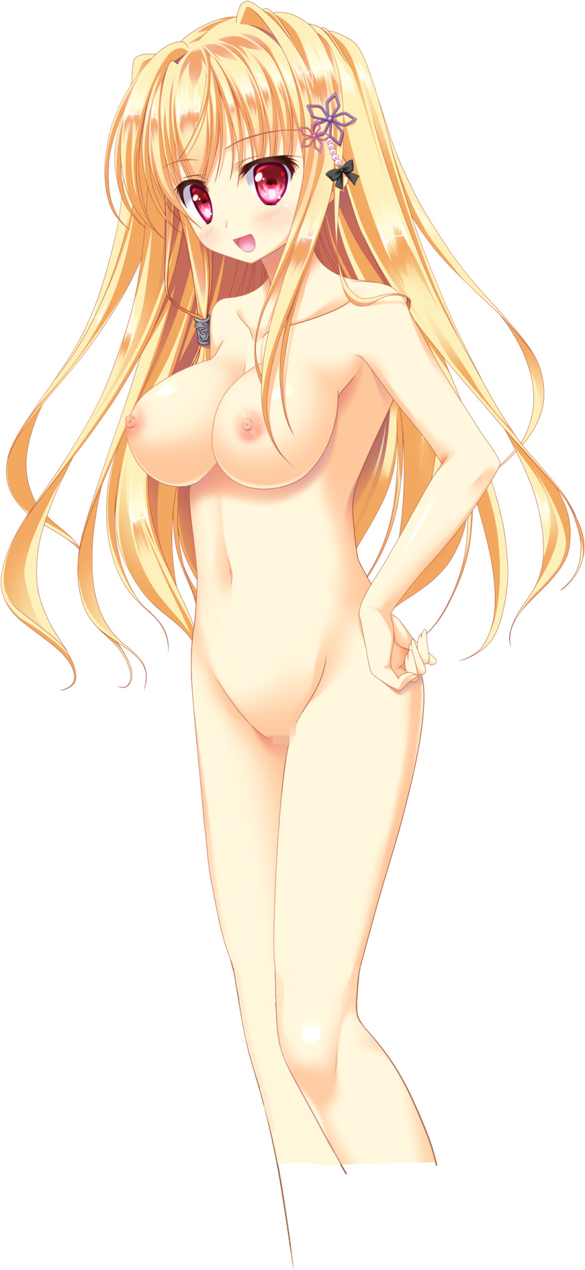 absurdres blonde_hair blush breasts censored cropped_legs eyebrows_visible_through_hair hair_ornament hand_on_hip highres kamishiro_kohaku large_breasts long_hair lost_echoes mosaic_censoring nipples non-web_source nude official_art open_mouth pussy red_eyes solo tamiya_akito transparent_background