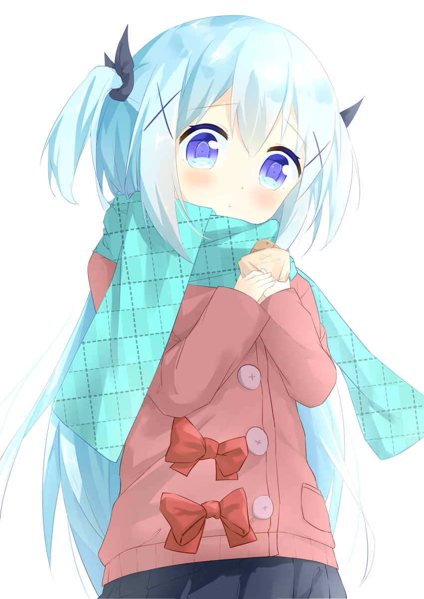 aqua_scarf bangs black_ribbon black_skirt blue_eyes blue_hair blush bow brown_coat closed_mouth coat commentary_request eyebrows_visible_through_hair fingernails food gochuumon_wa_usagi_desu_ka? hair_between_eyes hair_ornament hair_ribbon head_tilt highres holding holding_food kafuu_chino long_hair long_sleeves pleated_skirt red_bow ribbon scarf shiraki_shiori sidelocks simple_background skirt sleeves_past_wrists solo taiyaki two_side_up very_long_hair wagashi white_background x_hair_ornament