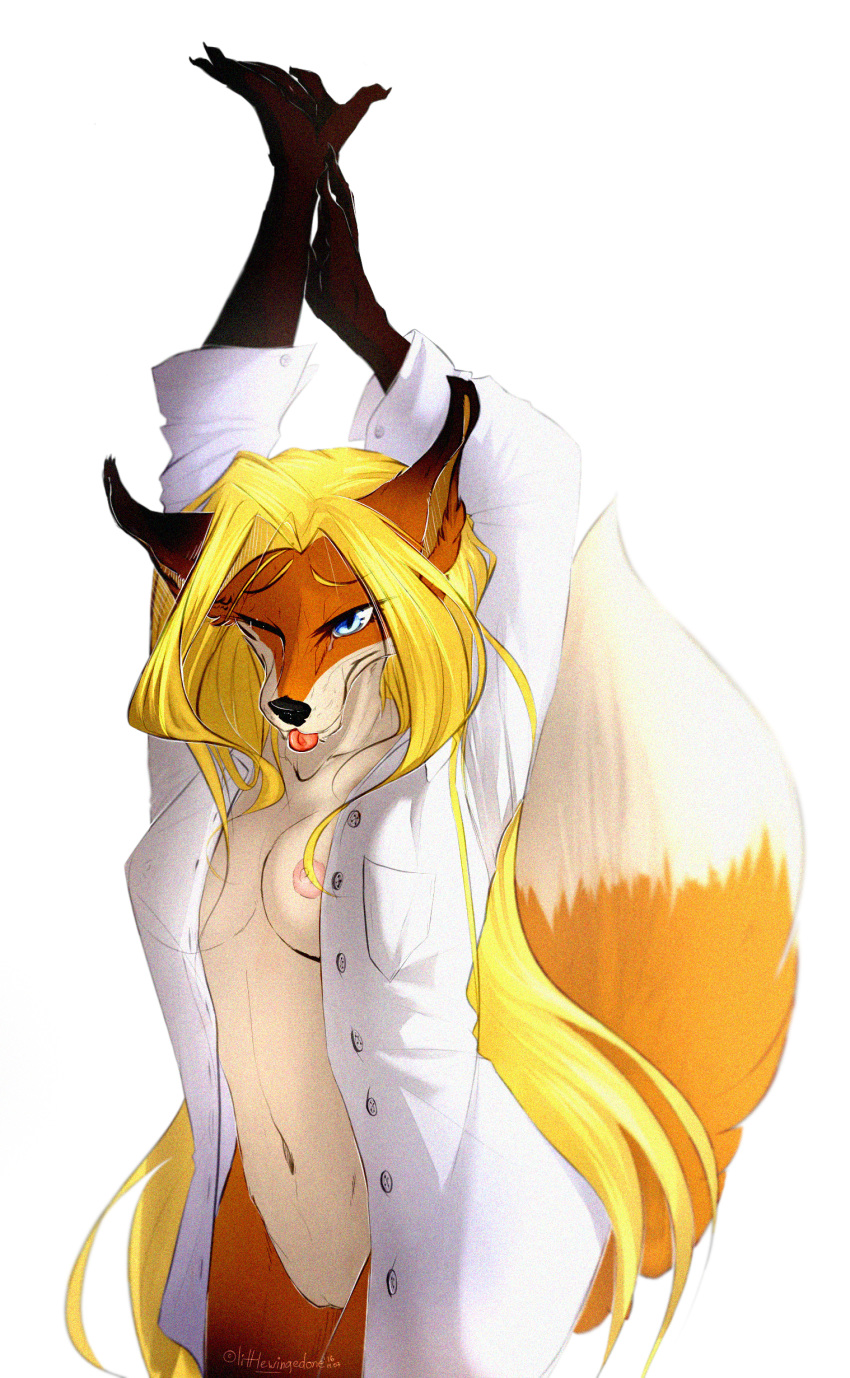 anthro breasts canine clothed clothing female fox mammal nipples one_eye_closed open_shirt pussy solo standing stretching tongue tongue_out trinanya