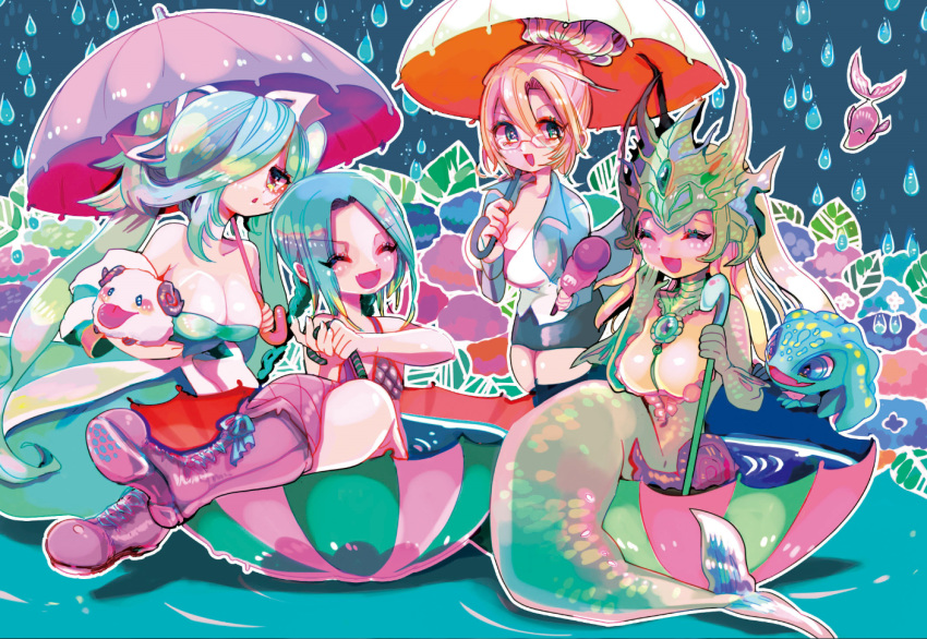 4girls blonde_hair blue_hair boots braid breasts cleavage fish forecast_janna glasses hair_over_one_eye janna_windforce jinx_(league_of_legends) league_of_legends mermaid multiple_girls nami_(league_of_legends) smiles sona_buvelle twin_braids umbrella