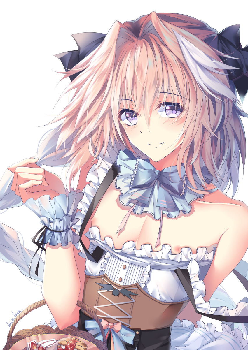 absurdres areolae arm_behind_back astolfo_(fate) bangs bare_arms bare_shoulders basket black_bow black_ribbon blue_neckwear blush bow bowtie braid buttons center_frills collarbone commentary cross-laced_clothes detached_collar disconnected_mouth dot_nose eyebrows_visible_through_hair fang fate/apocrypha fate_(series) frills fu_nengliang hair_between_eyes hair_bow hair_intakes hand_up head_tilt highres light_smile long_hair looking_at_viewer male_focus multicolored_hair nipples otoko_no_ko pink_bow pink_hair purple_eyes ribbon short_hair_with_long_locks signature simple_background single_braid sleeveless solo strap_gap strap_slip streaked_hair two-tone_hair upper_body white_background white_hair white_ribbon wrist_cuffs