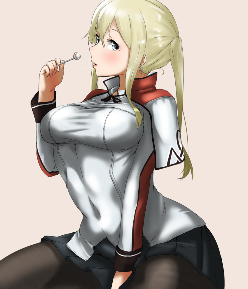 black_legwear black_skirt blonde_hair blue_eyes blush breasts candy capelet chupa_chups commentary_request food graf_zeppelin_(kantai_collection) hair_between_eyes highres impossible_clothes kantai_collection large_breasts lollipop long_hair long_sleeves looking_at_viewer military military_uniform no_hat no_headwear pantyhose pleated_skirt sidelocks simple_background skirt solo tama_(seiga46239239) twintails uniform
