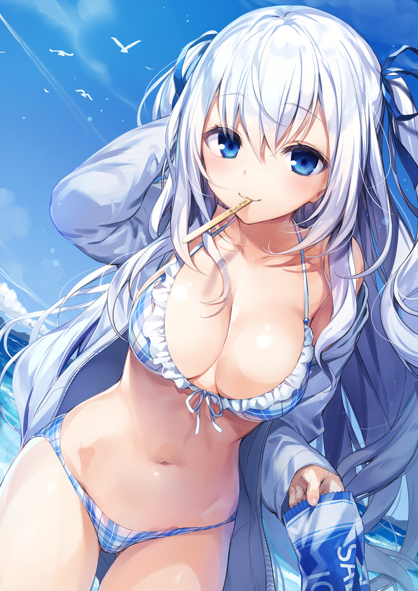 :3 animal arm_behind_head arm_up ass_visible_through_thighs bad_id bad_pixiv_id bangs bikini bikini_under_clothes bird blue_eyes blue_ribbon blue_sky blush breasts checkered checkered_bikini cleavage closed_mouth cloud cowboy_shot day dutch_angle eyebrows_visible_through_hair fisheye frilled_bikini frills front-tie_bikini front-tie_top grey_jacket hair_ribbon halter_top halterneck highres holding jacket komeshiro_kasu large_breasts legs_apart long_hair long_sleeves looking_at_viewer moe2018 mouth_hold navel ocean off_shoulder open_clothes open_jacket original outdoors plaid plaid_bikini popsicle_stick ribbon seagull sharing_food sky smile solo standing sunlight swimsuit tareme two_side_up very_long_hair water white_hair wind